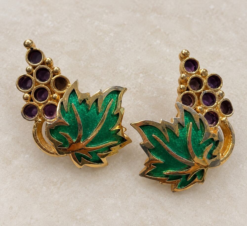 Vintage Napier Pat Pend Earrings Green and purple grapes 1950s clip ons